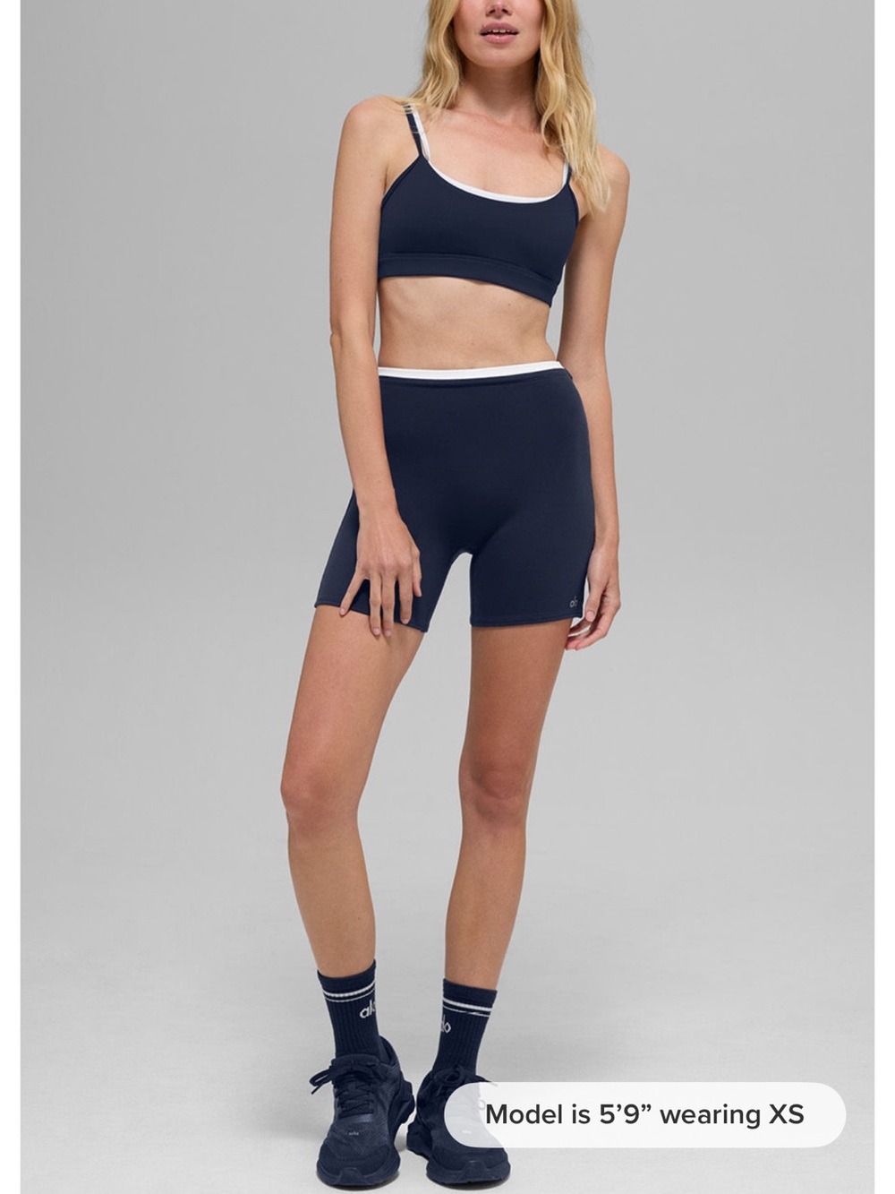 ALO Yoga Navy Bike Shorts with White Waistband